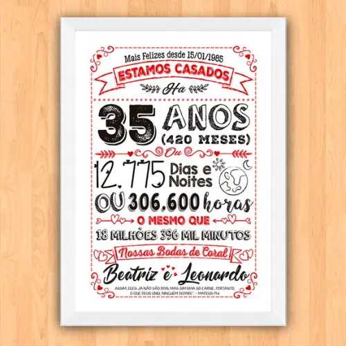 Quadro Poster Chalkboard Bodas 35 Anos Coral A3 30x42cm