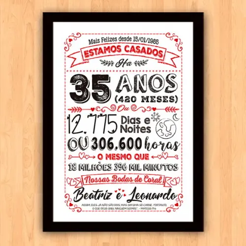 Quadro Poster Chalkboard Bodas 35 Anos Coral A3 30x42cm
