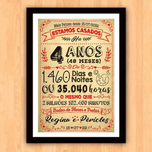 Quadro Poster Chalkboard Bodas 4 Anos Flores A3 30x42cm