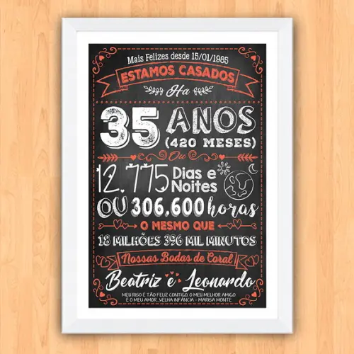 Quadro Poster Chalkboard Bodas 35 Anos Coral A3 30x42cm