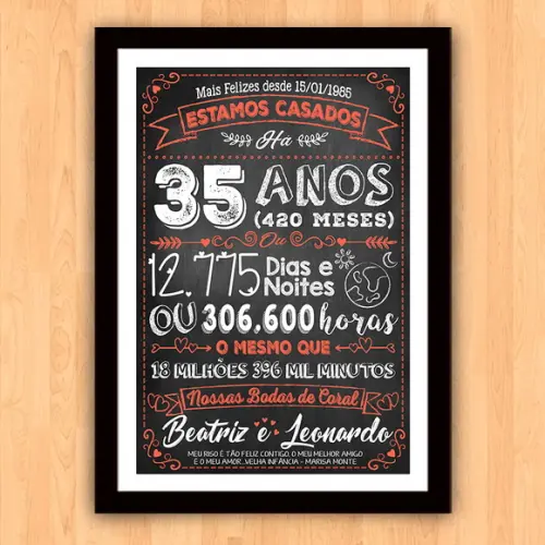 Quadro Poster Chalkboard Bodas 35 Anos Coral A3 30x42cm