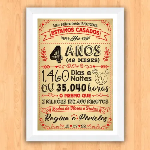 Quadro Poster Chalkboard Bodas 4 Anos Flores A3 30x42cm