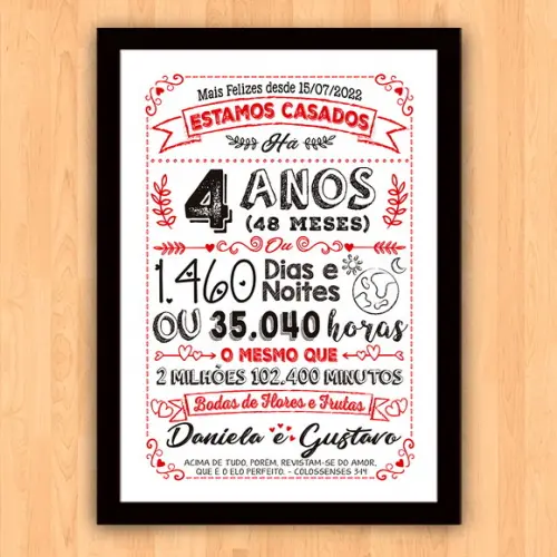 Quadro Poster Chalkboard Bodas 4 Anos Flores A3 30x42cm