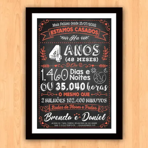 Quadro Poster Chalkboard Bodas 4 Anos Flores A3 30x42cm
