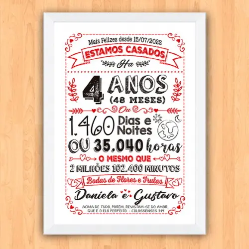 Quadro Poster Chalkboard Bodas 4 Anos Flores A3 30x42cm