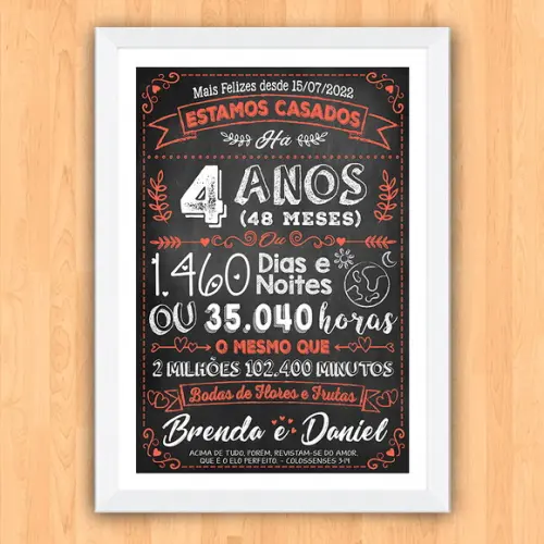 Quadro Poster Chalkboard Bodas 4 Anos Flores A3 30x42cm