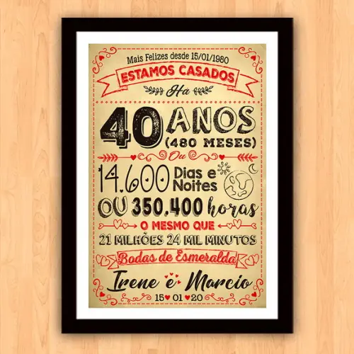 Quadro Poster Chalkboard Bodas 40 Anos Esmeralda A3 30x42cm