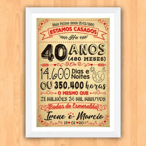 Quadro Poster Chalkboard Bodas 40 Anos Esmeralda A3 30x42cm