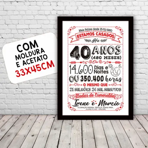 Quadro Poster Chalkboard Bodas 40 Anos Esmeralda A3 30x42cm