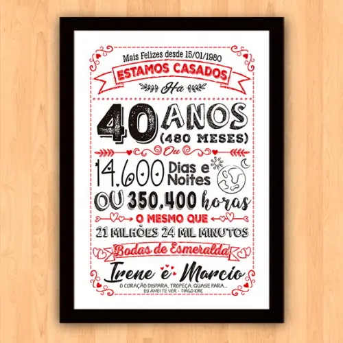 Quadro Poster Chalkboard Bodas 40 Anos Esmeralda A3 30x42cm