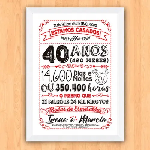 Quadro Poster Chalkboard Bodas 40 Anos Esmeralda A3 30x42cm