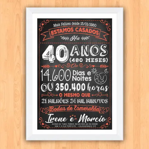 Quadro Poster Chalkboard Bodas 40 Anos Esmeralda A3 30x42cm
