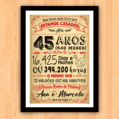 Quadro Poster Chalkboard Bodas 45 Anos Platina A3 30x42cm