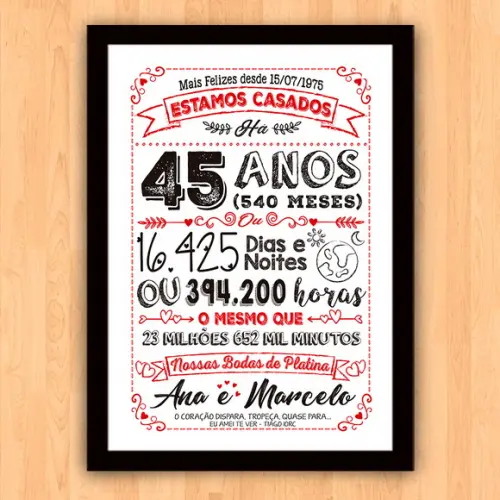 Quadro Poster Chalkboard Bodas 45 Anos Platina A3 30x42cm