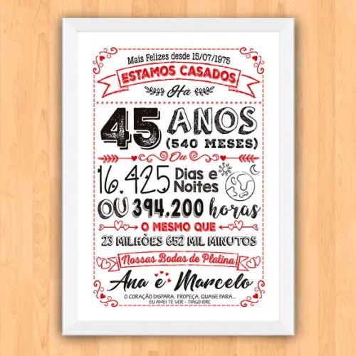 Quadro Poster Chalkboard Bodas 45 Anos Platina A3 30x42cm
