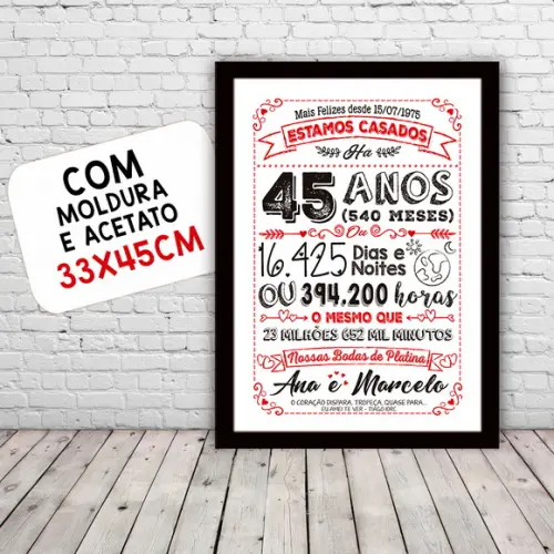 Quadro Poster Chalkboard Bodas 45 Anos Platina A3 30x42cm
