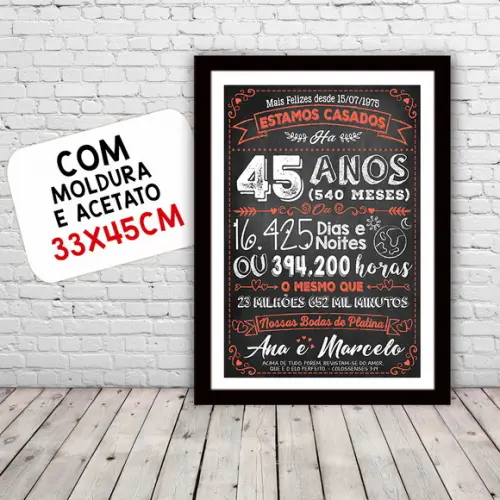 Quadro Poster Chalkboard Bodas 45 Anos Platina A3 30x42cm