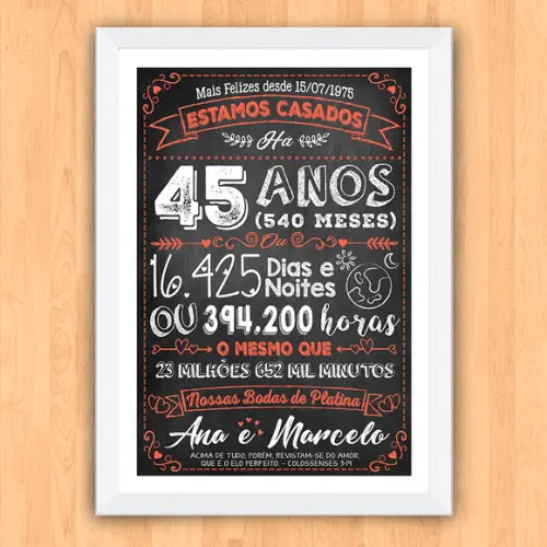 Quadro Poster Chalkboard Bodas 45 Anos Platina A3 30x42cm