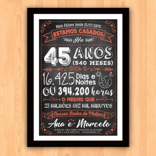 Quadro Poster Chalkboard Bodas 45 Anos Platina A3 30x42cm