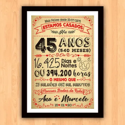 Quadro Poster Chalkboard Bodas 45 Anos Rubi A3 30x42cm