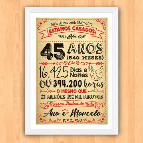 Quadro Poster Chalkboard Bodas 45 Anos Rubi A3 30x42cm