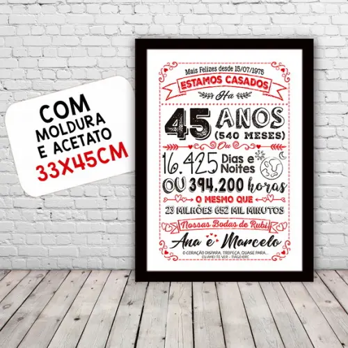 Quadro Poster Chalkboard Bodas 45 Anos Rubi A3 30x42cm