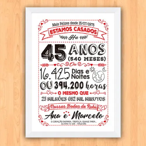 Quadro Poster Chalkboard Bodas 45 Anos Rubi A3 30x42cm