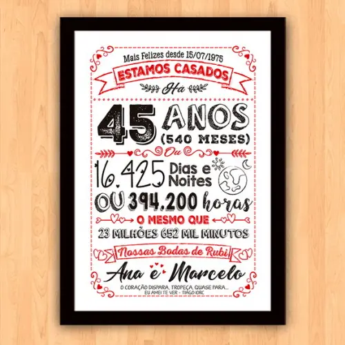 Quadro Poster Chalkboard Bodas 45 Anos Rubi A3 30x42cm
