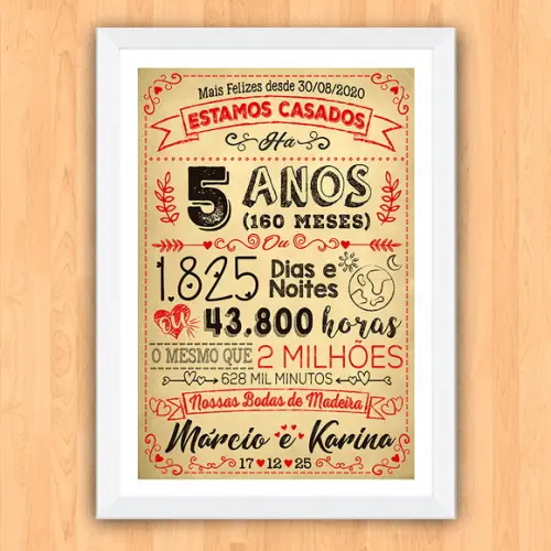 Quadro Poster Chalkboard Bodas 5 Anos Madeira A3 30x42cm