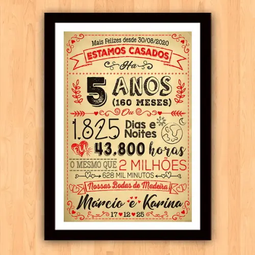 Quadro Poster Chalkboard Bodas 5 Anos Madeira A3 30x42cm