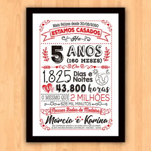 Quadro Poster Chalkboard Bodas 5 Anos Madeira A3 30x42cm