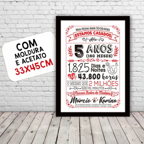 Quadro Poster Chalkboard Bodas 5 Anos Madeira A3 30x42cm
