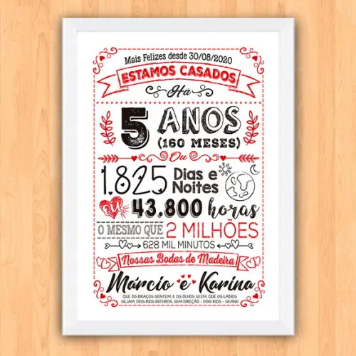 Quadro Poster Chalkboard Bodas 5 Anos Madeira A3 30x42cm