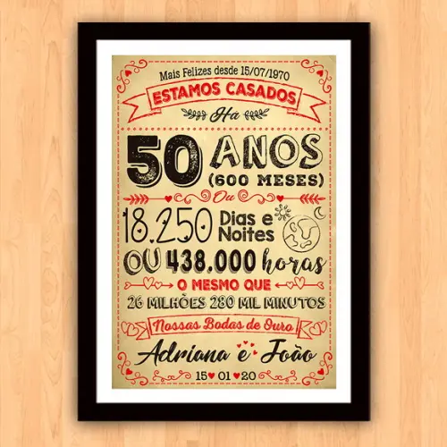 Quadro Poster Chalkboard Bodas 50 Anos Ouro A3 30x42cm