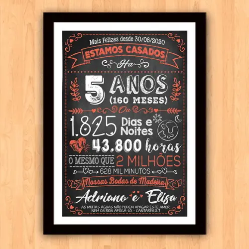 Quadro Poster Chalkboard Bodas 5 Anos Madeira A3 30x42cm