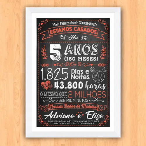 Quadro Poster Chalkboard Bodas 5 Anos Madeira A3 30x42cm