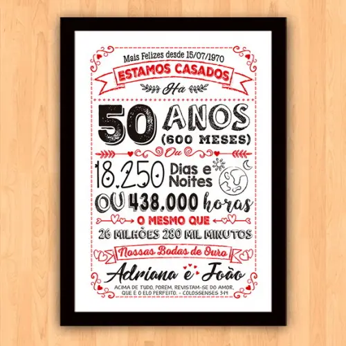 Quadro Poster Chalkboard Bodas 50 Anos Ouro A3 30x42cm