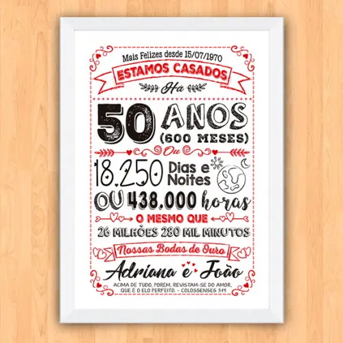 Quadro Poster Chalkboard Bodas 50 Anos Ouro A3 30x42cm
