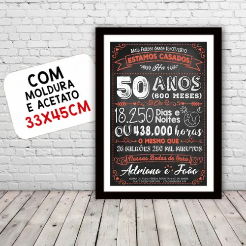 Quadro Poster Chalkboard Bodas 50 Anos Ouro A3 30x42cm