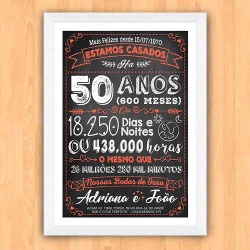 Quadro Poster Chalkboard Bodas 50 Anos Ouro A3 30x42cm