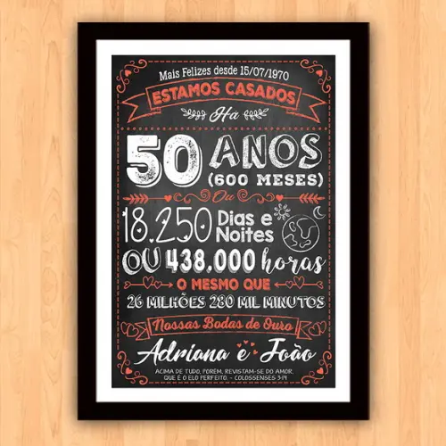 Quadro Poster Chalkboard Bodas 50 Anos Ouro A3 30x42cm