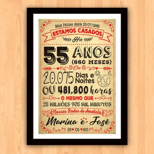 Quadro Poster Chalkboard Bodas 55 Anos Ametista A3 30x42cm