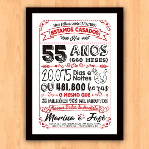 Quadro Poster Chalkboard Bodas 55 Anos Ametista A3 30x42cm