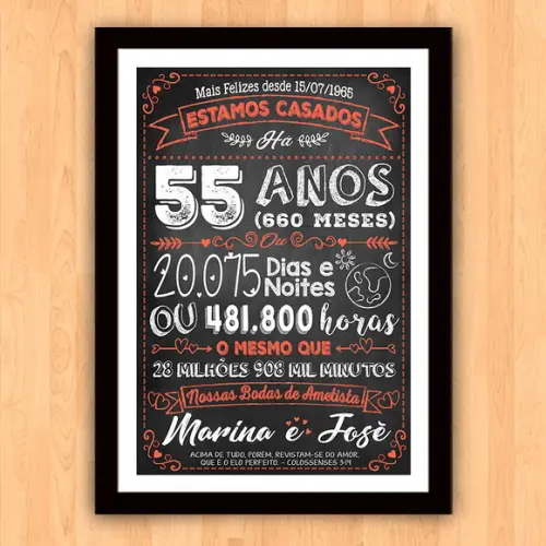 Quadro Poster Chalkboard Bodas 55 Anos Ametista A3 30x42cm