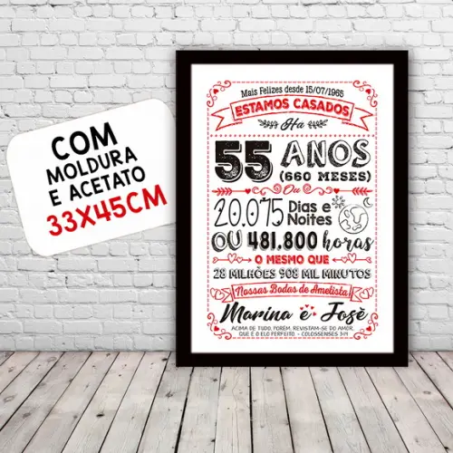 Quadro Poster Chalkboard Bodas 55 Anos Ametista A3 30x42cm