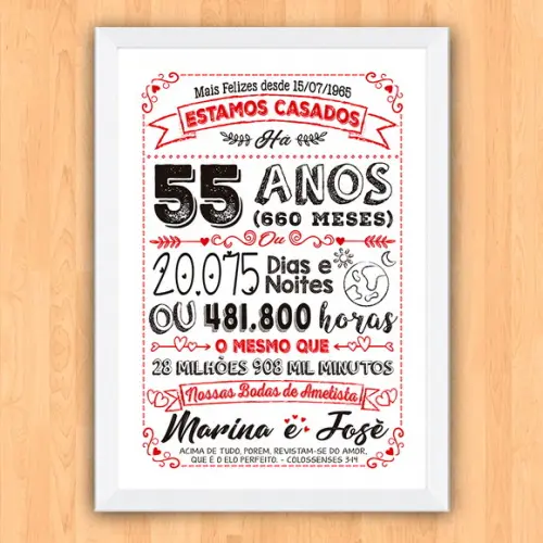 Quadro Poster Chalkboard Bodas 55 Anos Ametista A3 30x42cm