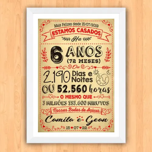 Quadro Poster Chalkboard Bodas 6 Anos Açúcar A3 30x42cm