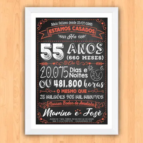 Quadro Poster Chalkboard Bodas 55 Anos Ametista A3 30x42cm