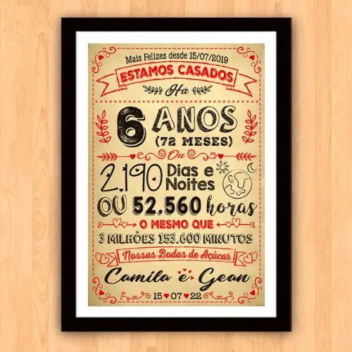 Quadro Poster Chalkboard Bodas 6 Anos Açúcar A3 30x42cm