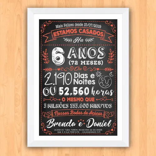 Quadro Poster Chalkboard Bodas 6 Anos Açúcar A3 30x42cm